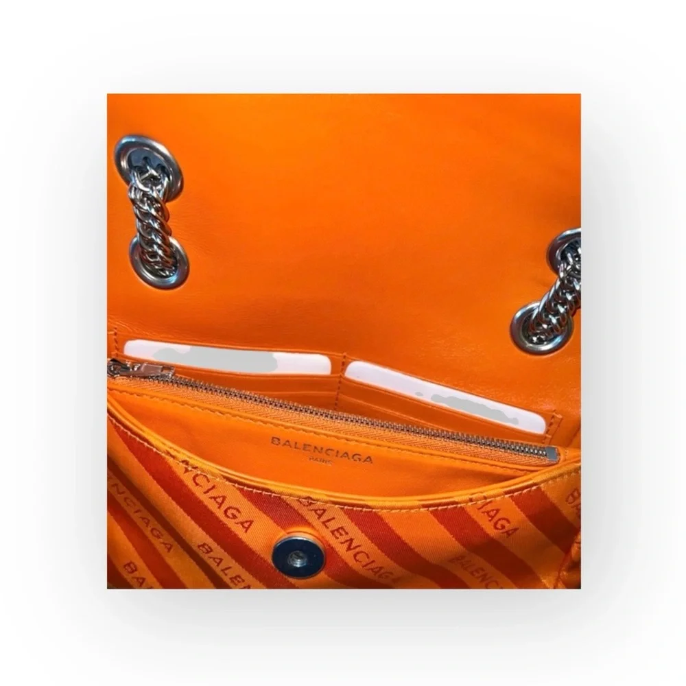 NEW Auth Balenciaga B Bag Satin Jacquard logo ribbon Orange Shoulder Bag COA
